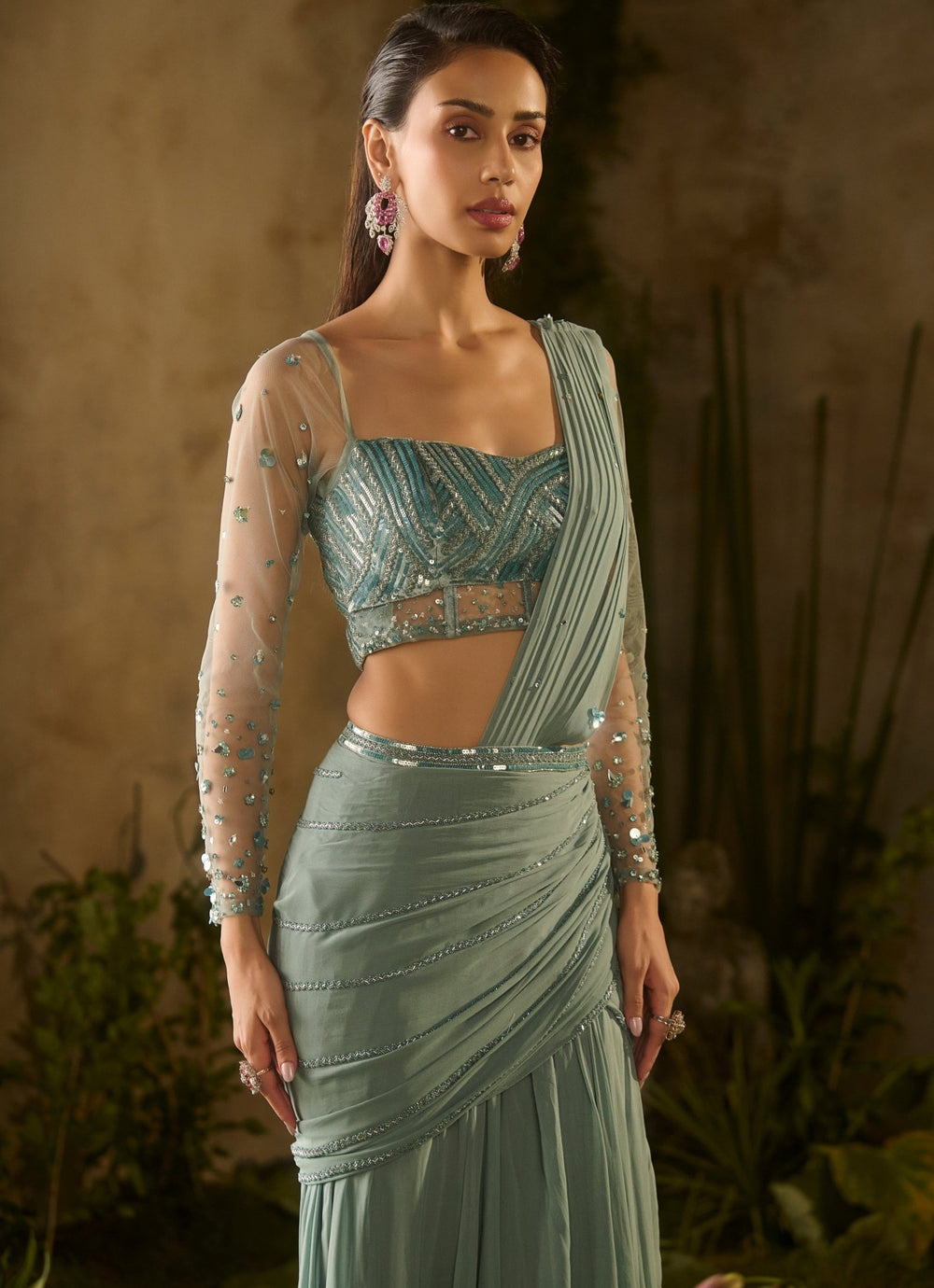 Sea Green Georgette Predraped Sequinned Saree Parul Gandhi - Fabilicious Fashion