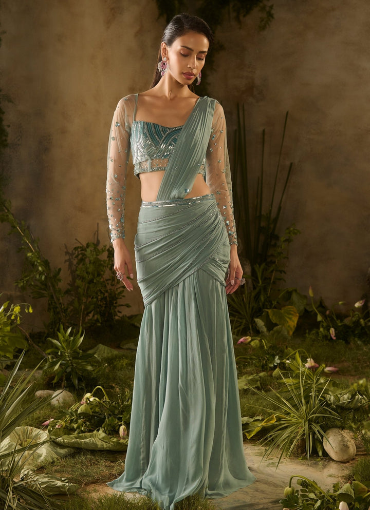 Sea Green Georgette Predraped Sequinned Saree Parul Gandhi - Fabilicious Fashion