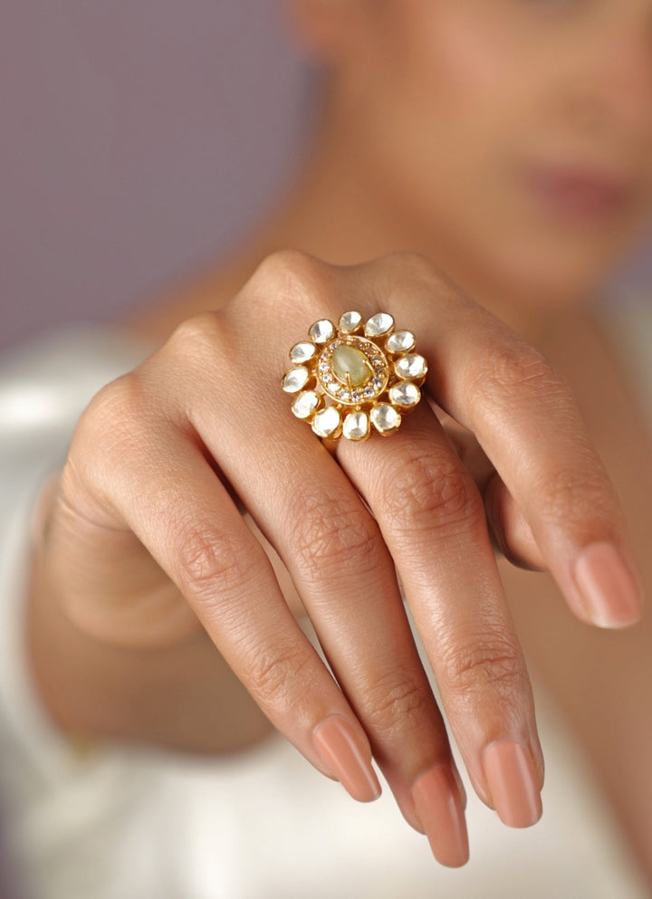 Riana Jewellery Sea Green Jade Floral Matte Gold RingFabilicious Fashion
