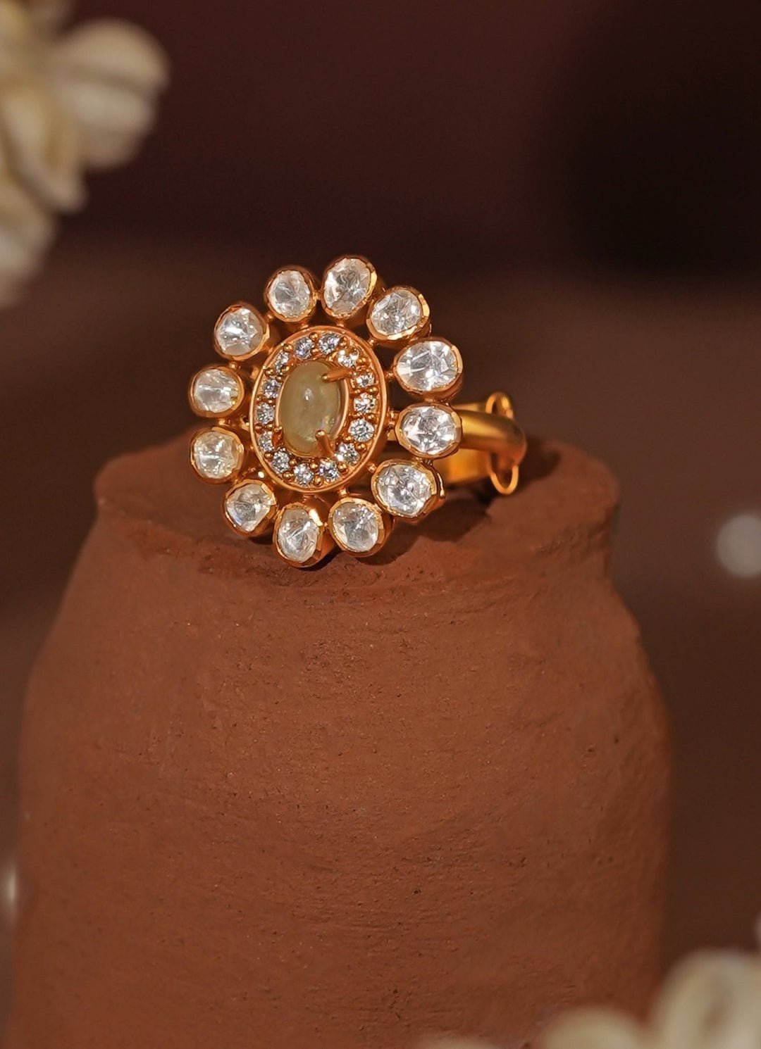 Riana Jewellery Sea Green Jade Floral Matte Gold RingFabilicious Fashion