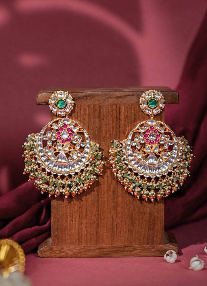 Sea Green Kundanr Matte Gold Chandbaali Earrings Riana Jewellery - Fabilicious Fashion