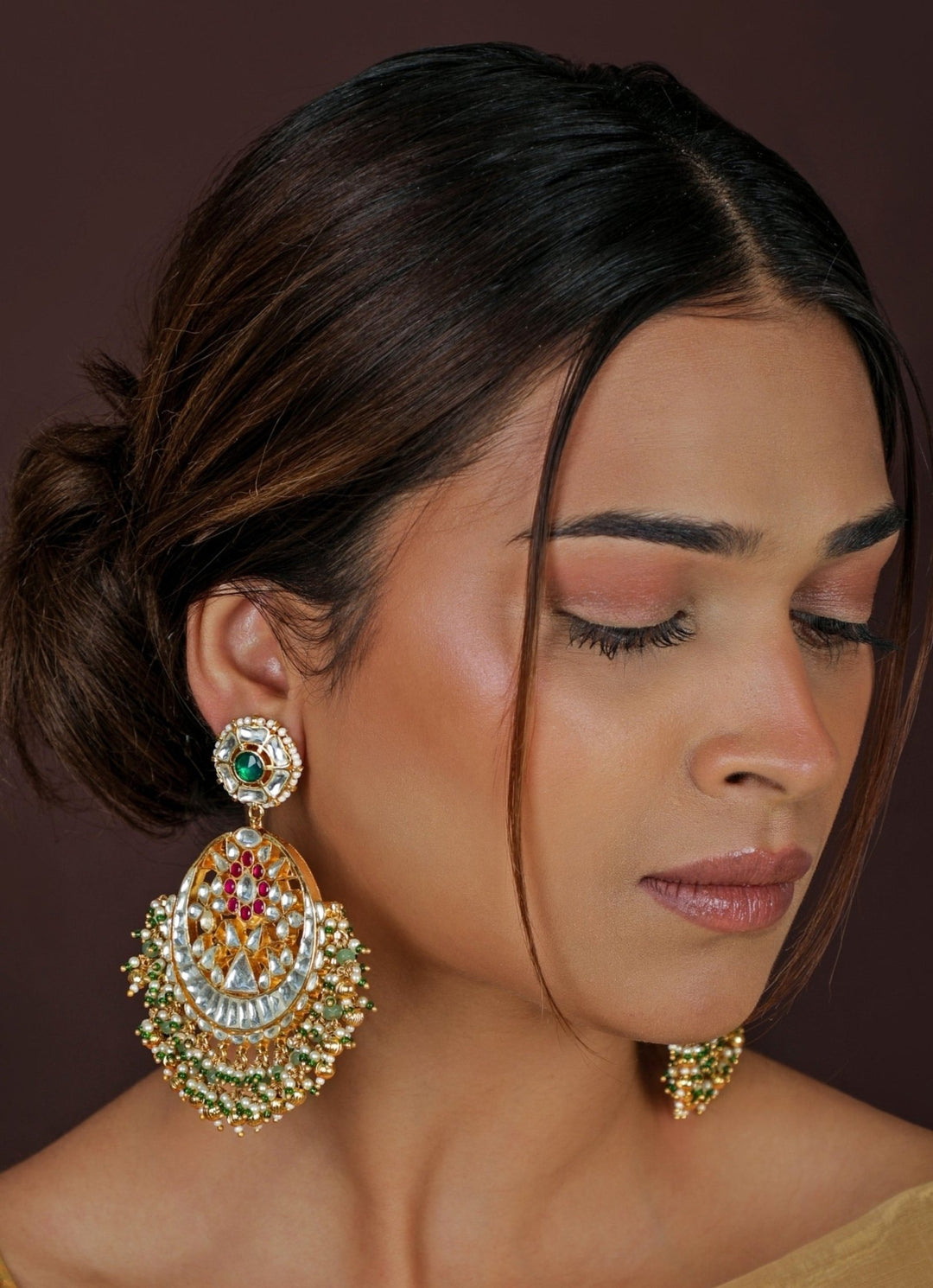 Sea Green Kundanr Matte Gold Chandbaali Earrings Riana Jewellery - Fabilicious Fashion