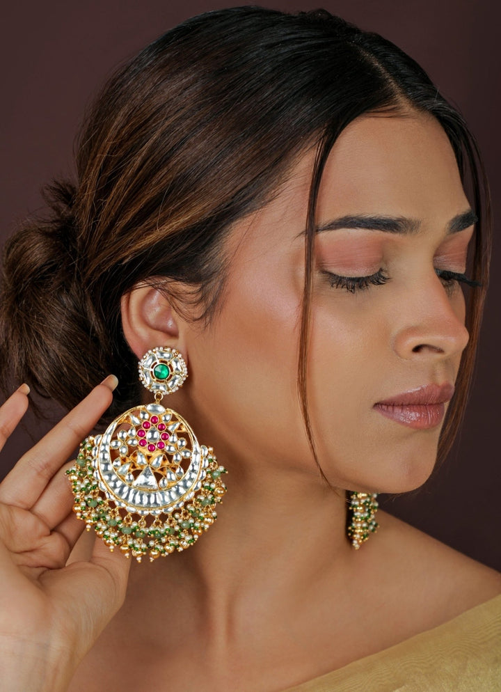 Sea Green Kundanr Matte Gold Chandbaali Earrings Riana Jewellery - Fabilicious Fashion