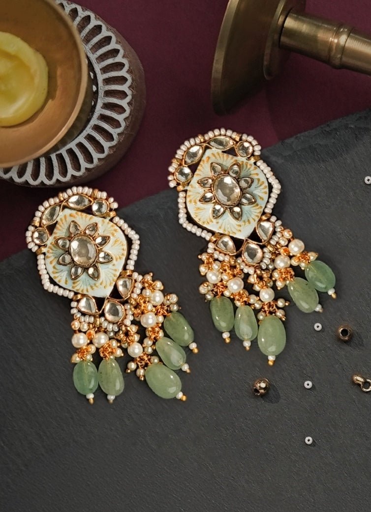 Sea Green Meenakari Matte Gold Earrings Riana Jewellery - Fabilicious Fashion