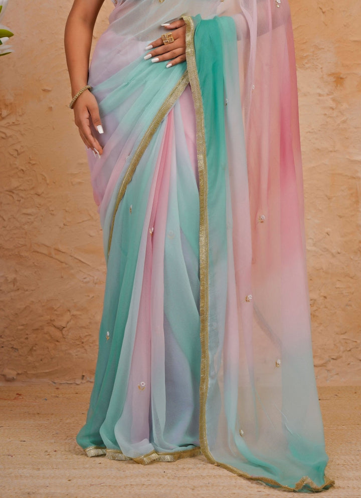 Geroo Jaipur Sea Green &amp; Pink Shaded Chiffon SareeFabilicious Fashion