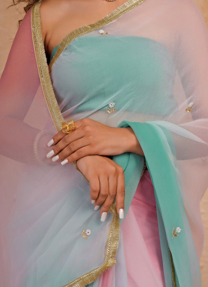 Geroo Jaipur Sea Green &amp; Pink Shaded Chiffon SareeFabilicious Fashion