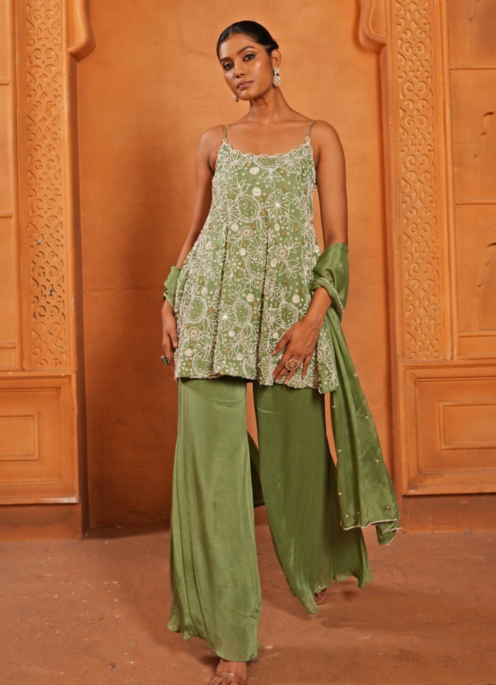 Sea Green Satin Kurta Sharara Set Enamour by Radha - Fabilicious Fashion