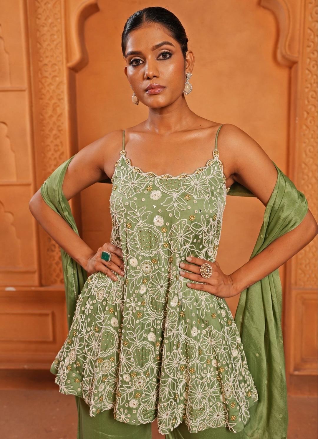Sea Green Satin Kurta Sharara Set Enamour by Radha - Fabilicious Fashion