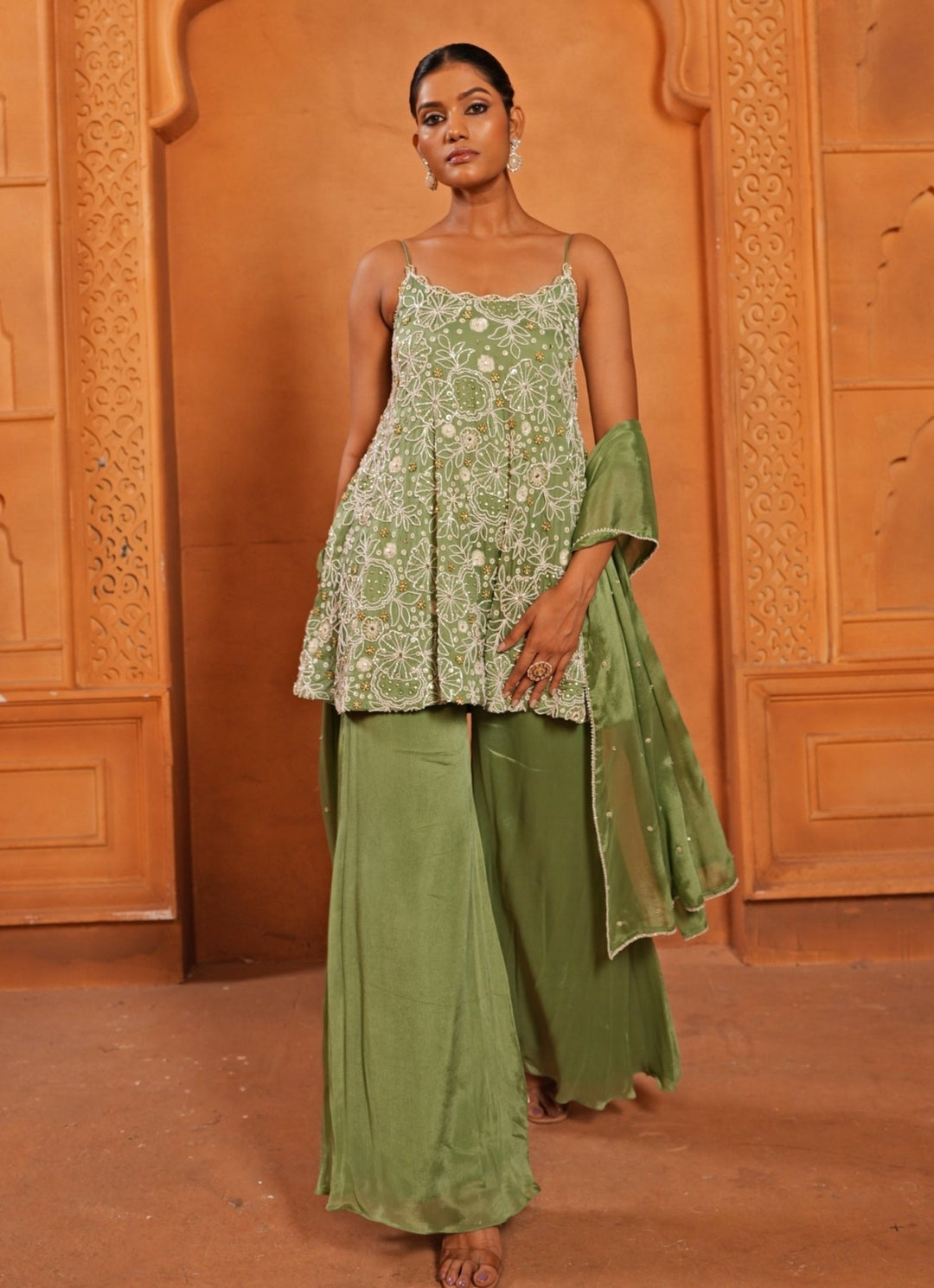 Sea Green Satin Kurta Sharara Set Enamour by Radha - Fabilicious Fashion