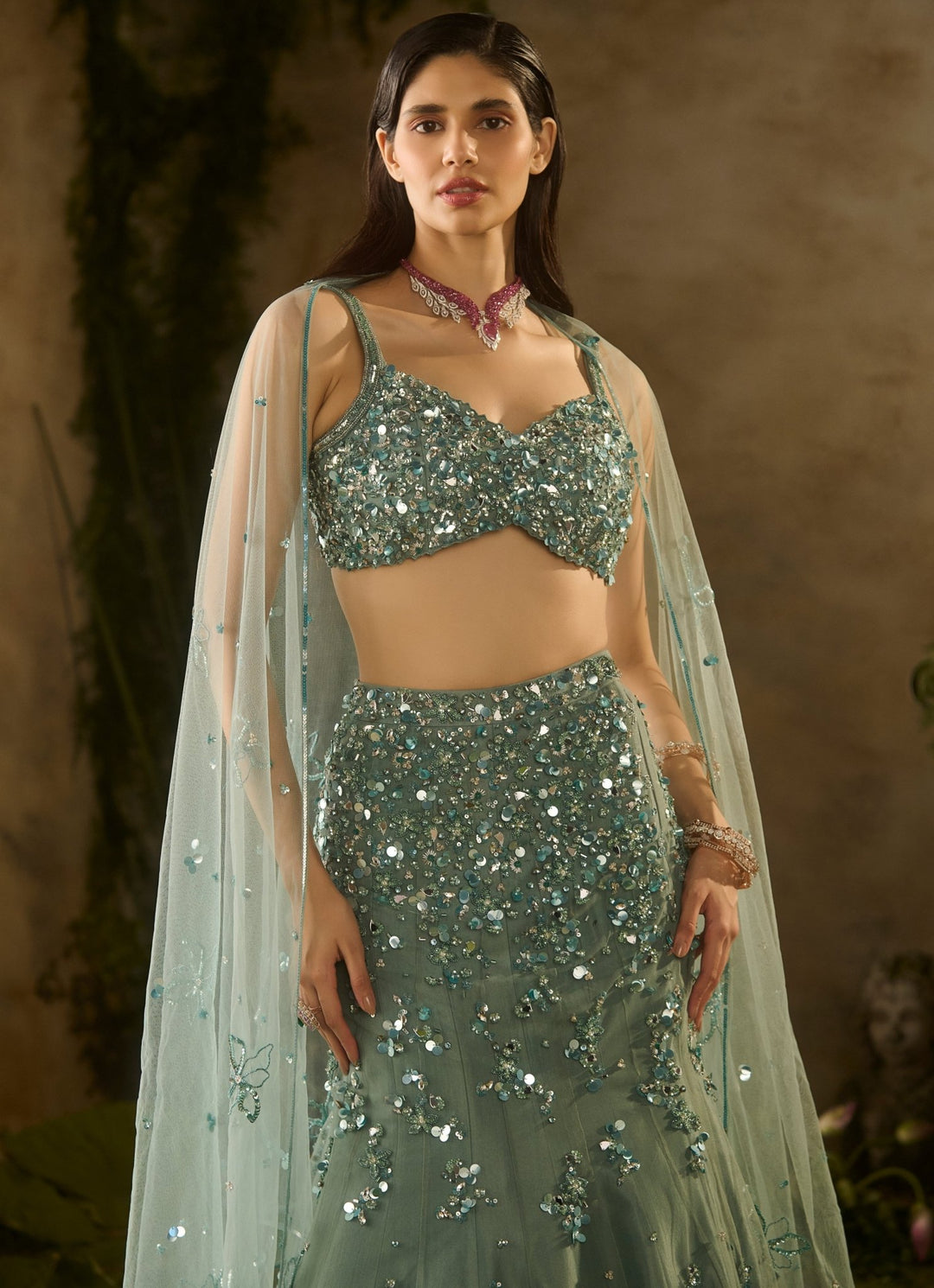 Sea Green Sequinned Mermaid Lehenga Set Parul Gandhi - Fabilicious Fashion
