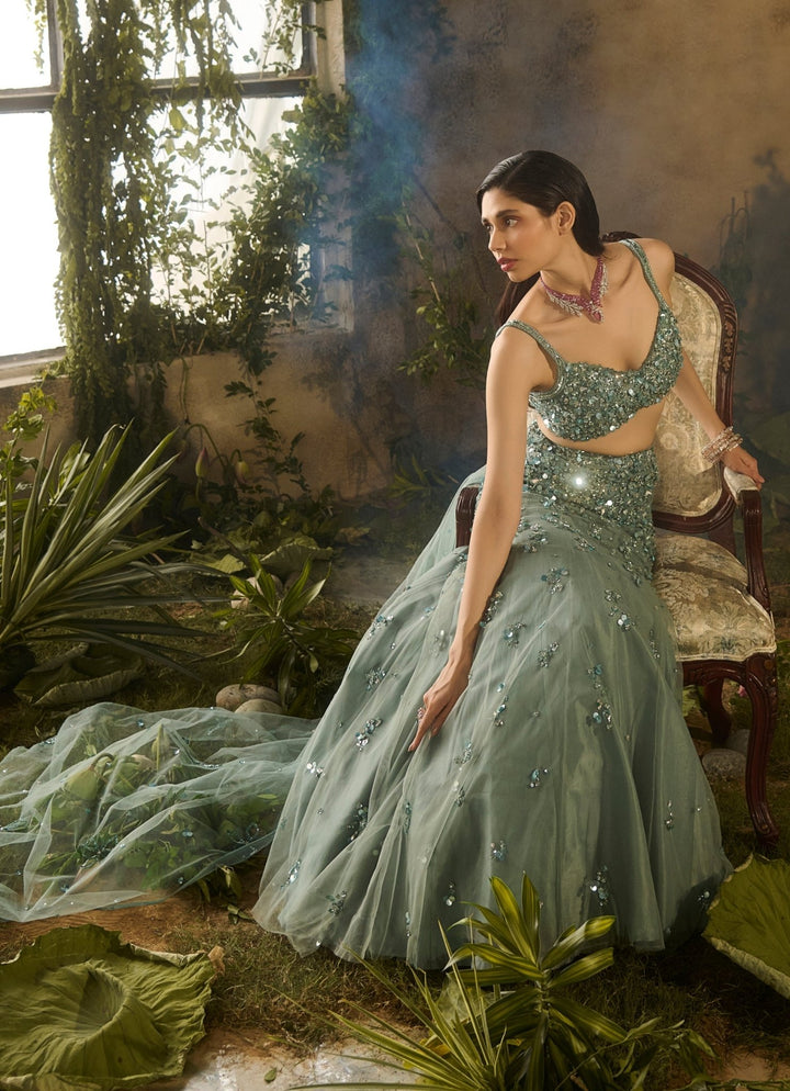 Sea Green Sequinned Mermaid Lehenga Set Parul Gandhi - Fabilicious Fashion