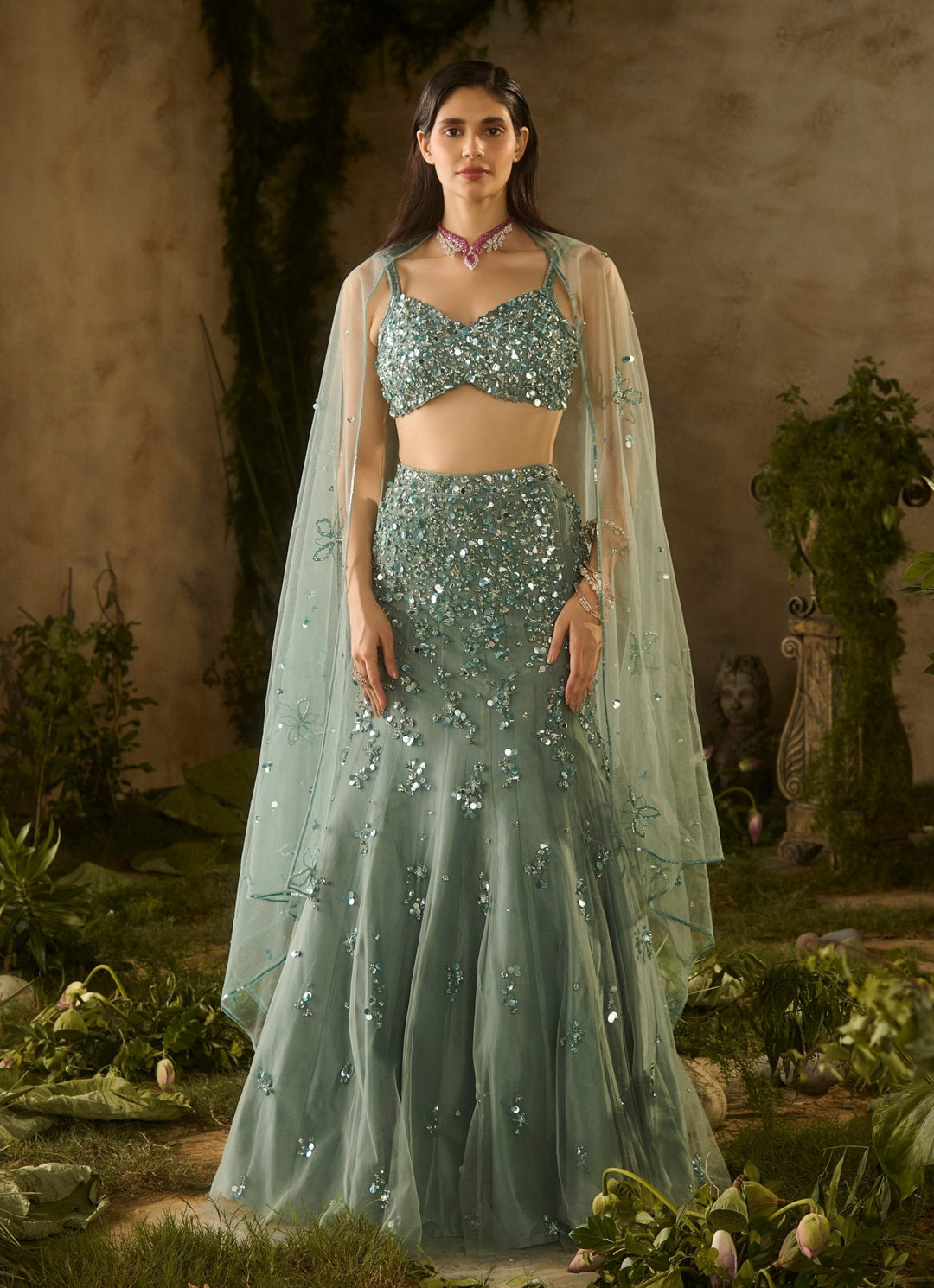 Sea Green Sequinned Mermaid Lehenga Set Parul Gandhi - Fabilicious Fashion