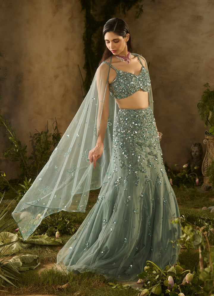 Sea Green Sequinned Mermaid Lehenga Set Parul Gandhi - Fabilicious Fashion