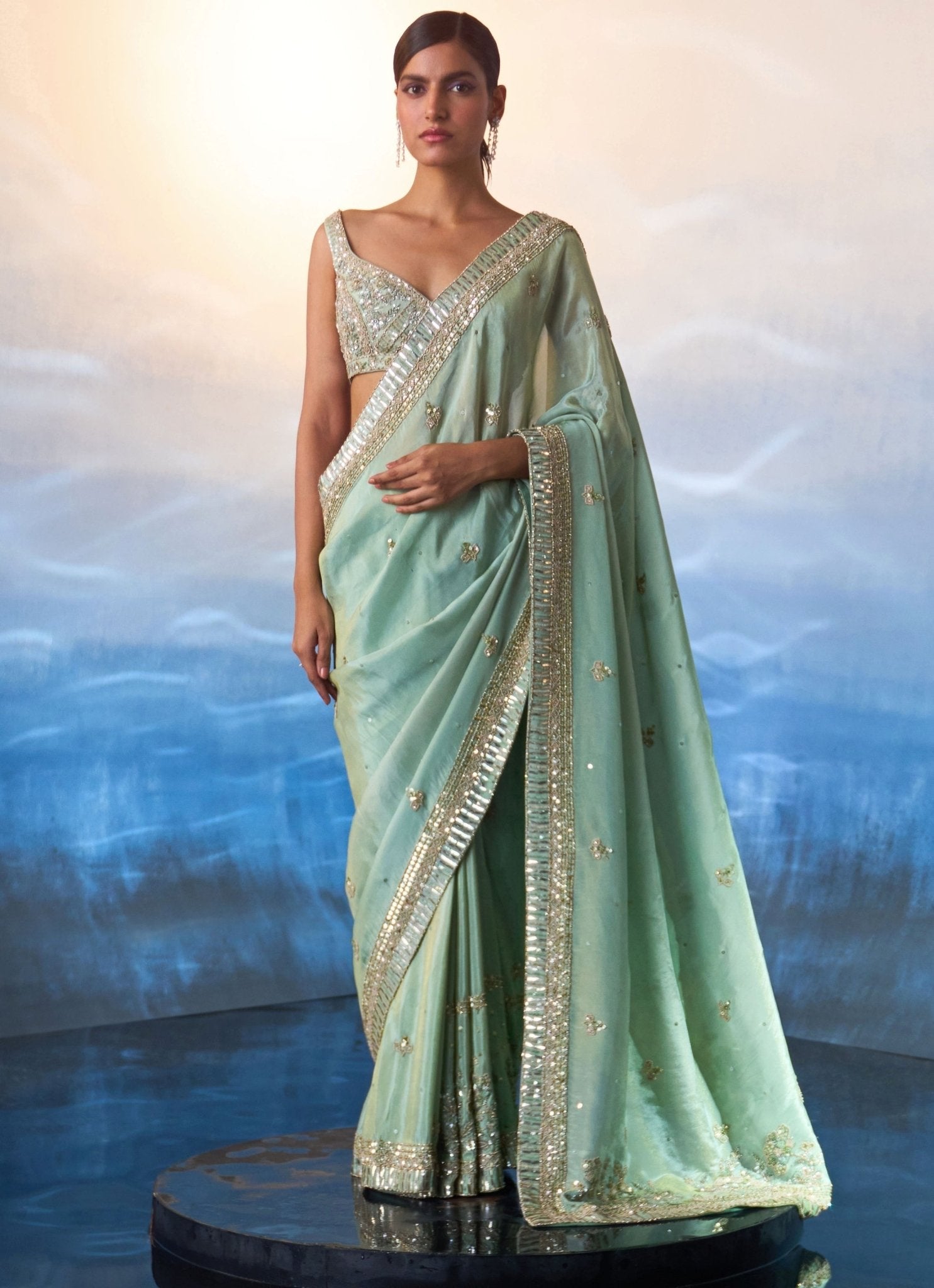 Sea green Angad Singh saree for reception dressing