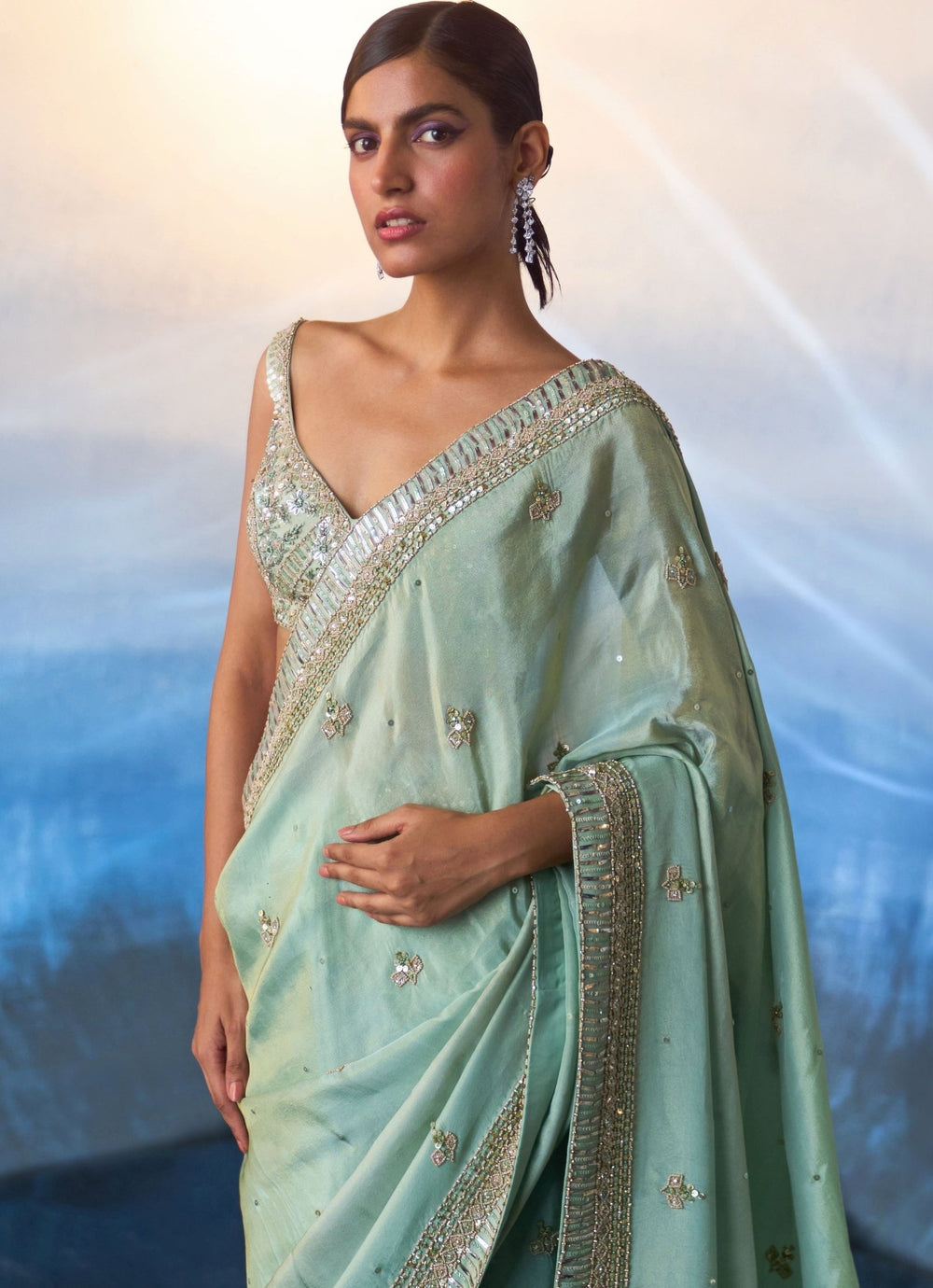 Sea Green Sequinned Tissue Saree Angad Singh - Fabilicious Fashion