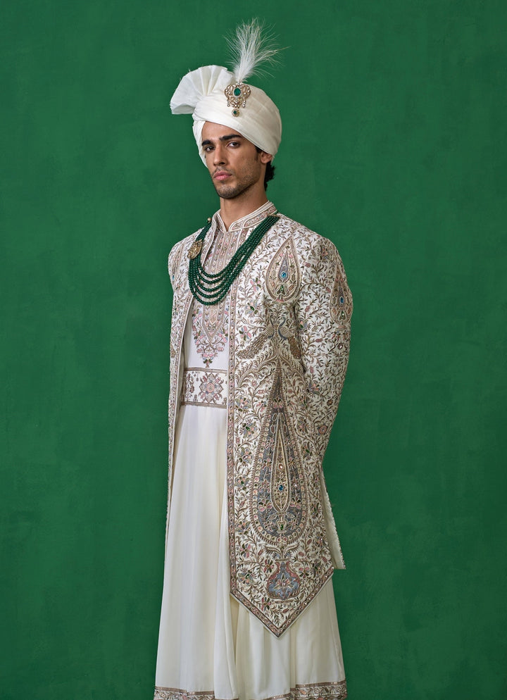 Shahi Ivory Embroidered Georgette Sherwani Set Kalpraag - Fabilicious Fashion