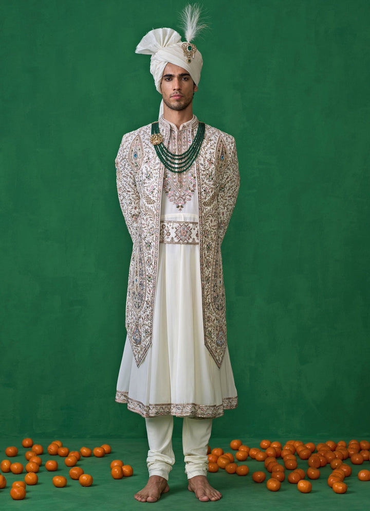 Shahi Ivory Embroidered Georgette Sherwani Set Kalpraag - Fabilicious Fashion