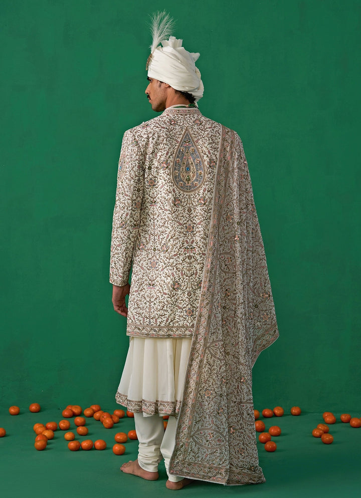 Shahi Ivory Embroidered Georgette Sherwani Set Kalpraag - Fabilicious Fashion