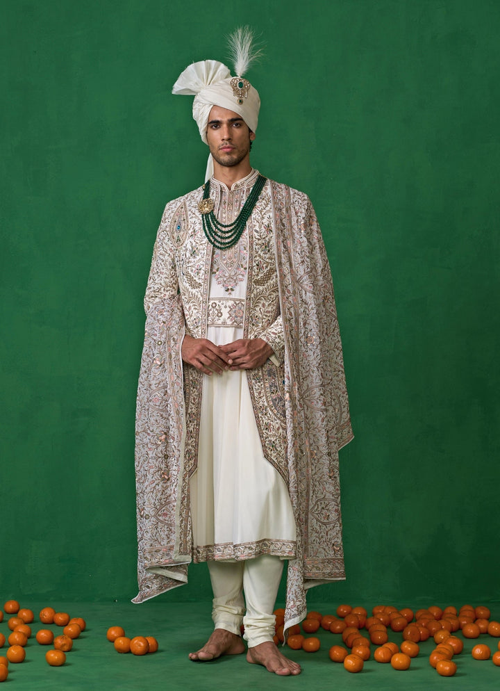 Shahi Ivory Embroidered Georgette Sherwani Set Kalpraag - Fabilicious Fashion