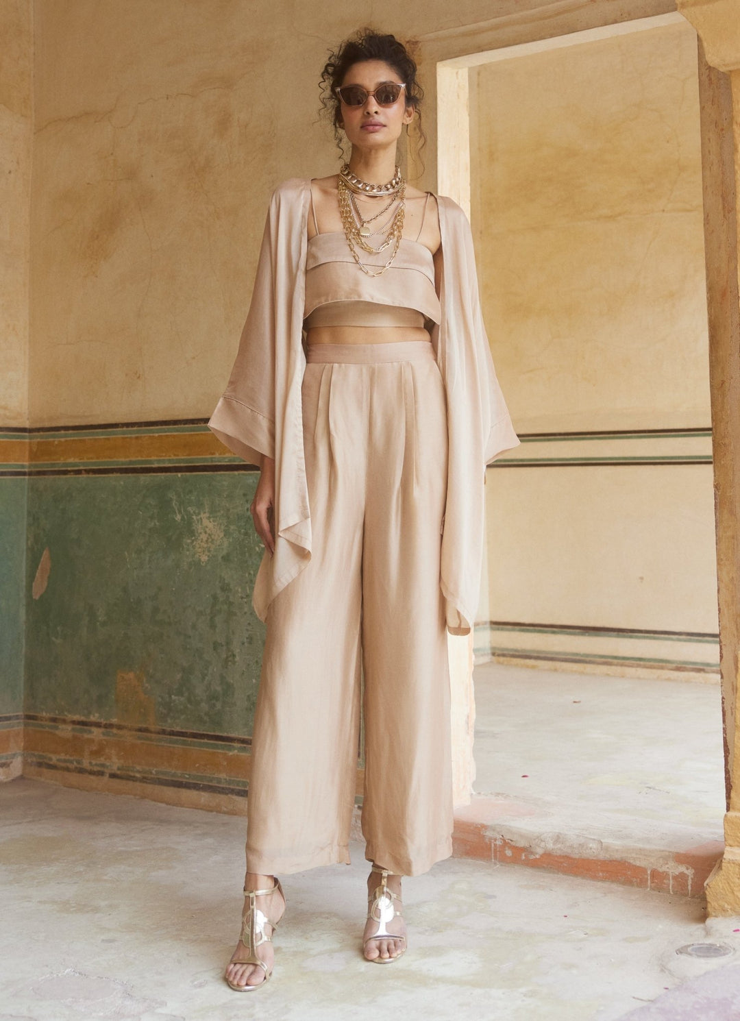 Shell Pink Silk Organza Pant Set With Jacket Paulmi and Harsh - Fabilicious Fashion