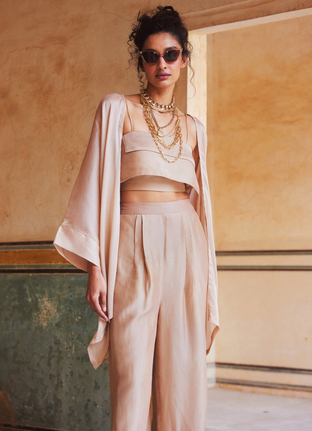 Shell Pink Silk Organza Pant Set With Jacket Paulmi and Harsh - Fabilicious Fashion