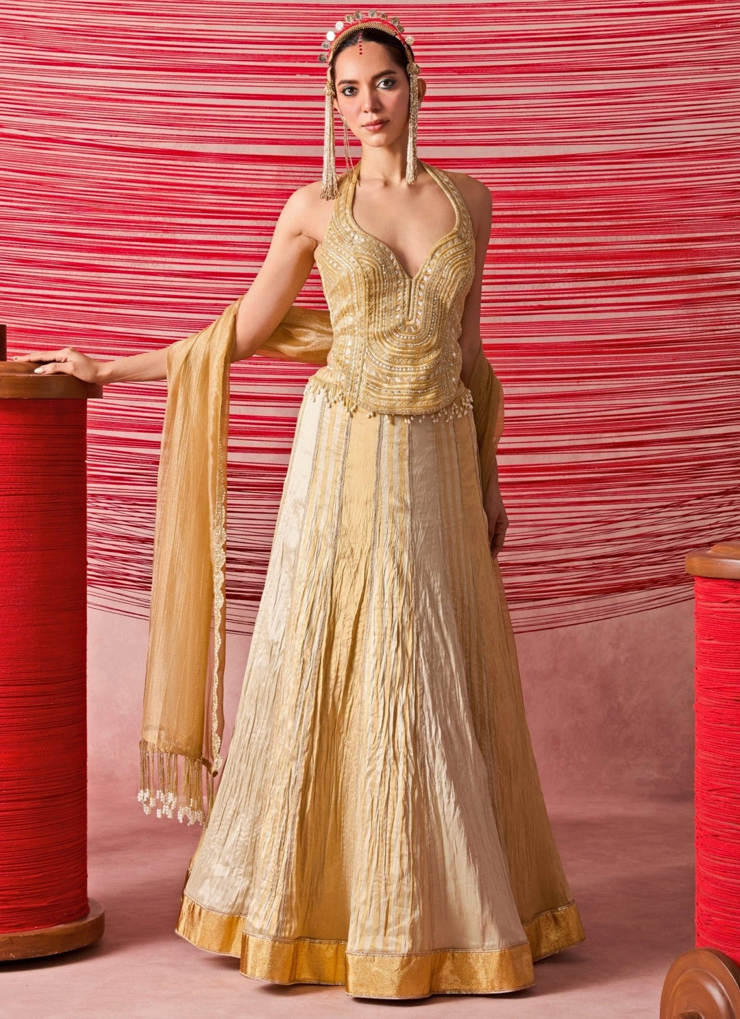 Chamee And Palak Silver And Gold Jamewar Corset Lehenga SetFabilicious Fashion