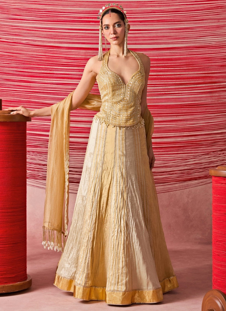 Chamee And Palak Silver And Gold Jamewar Corset Lehenga SetFabilicious Fashion