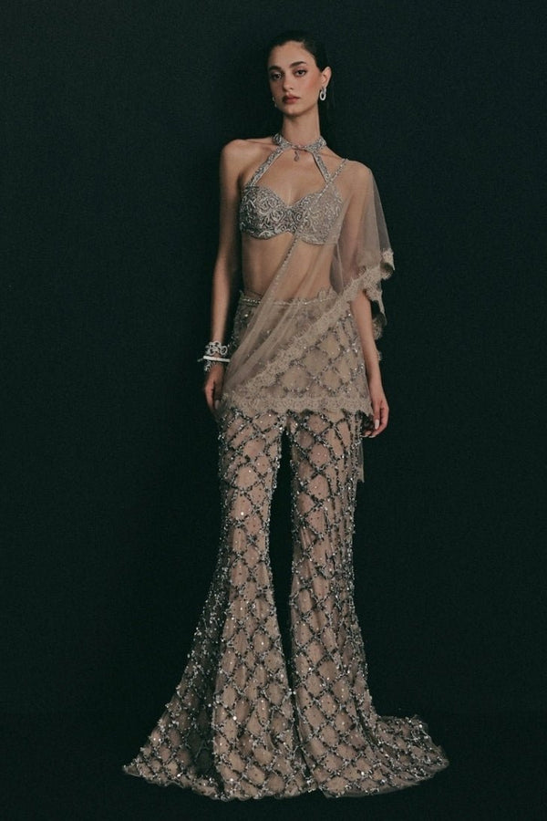 Silver and grey soft net blouse sharara set by The Little Black Bow, a bridal indowestern reception outfit