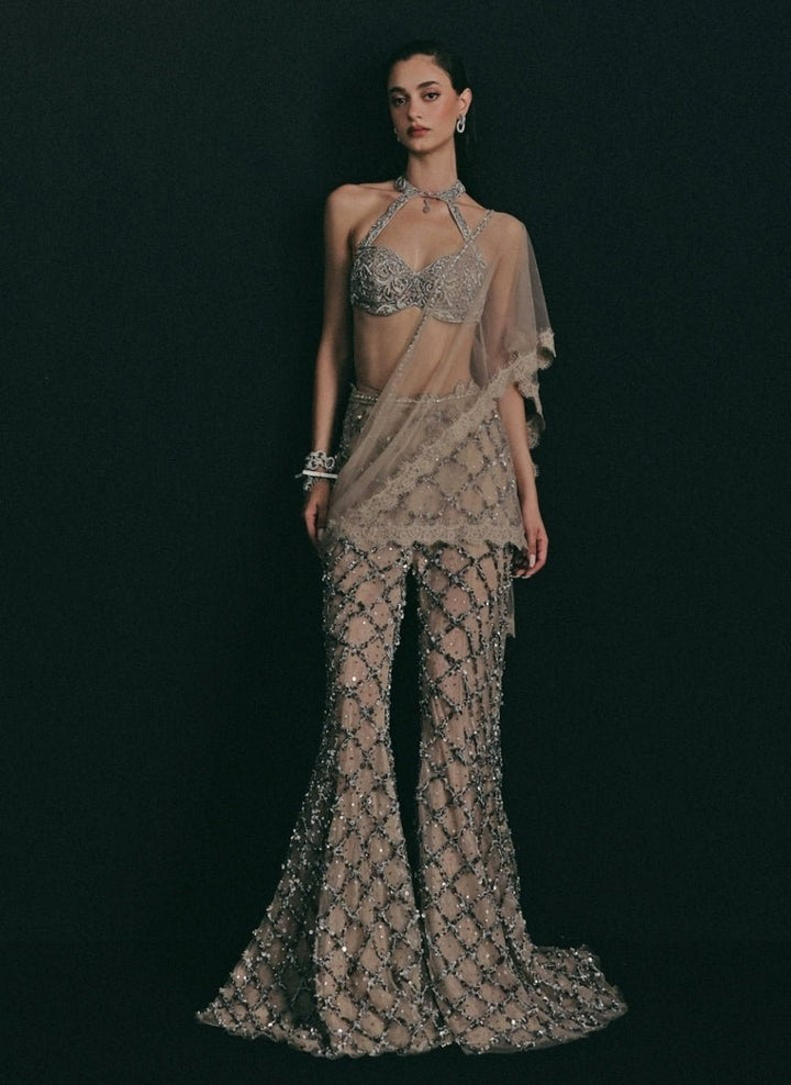 The Little Black Bow Silver And Grey Soft Net Blouse Sharara SetFabilicious Fashion