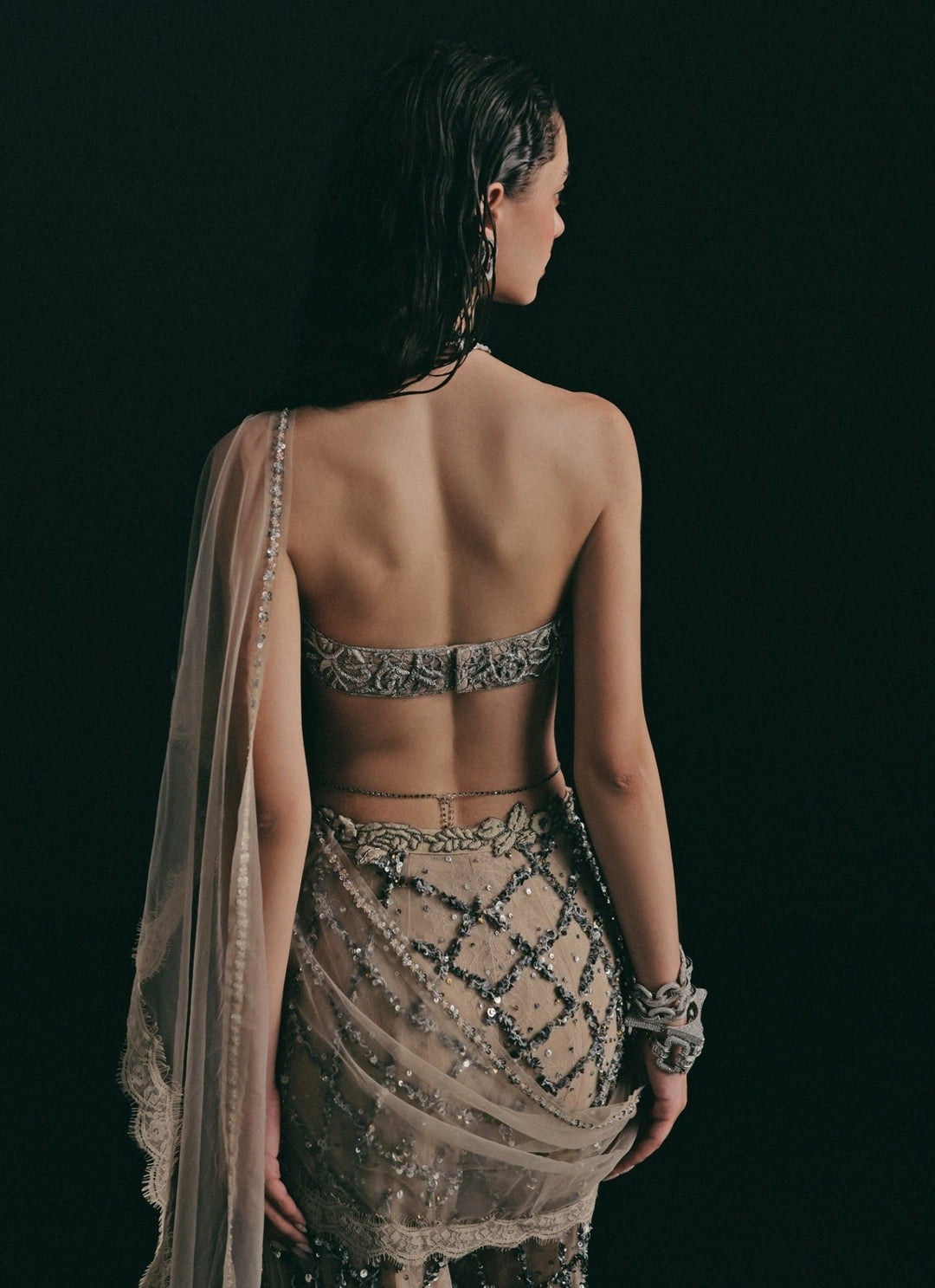 The Little Black Bow Silver And Grey Soft Net Blouse Sharara SetFabilicious Fashion
