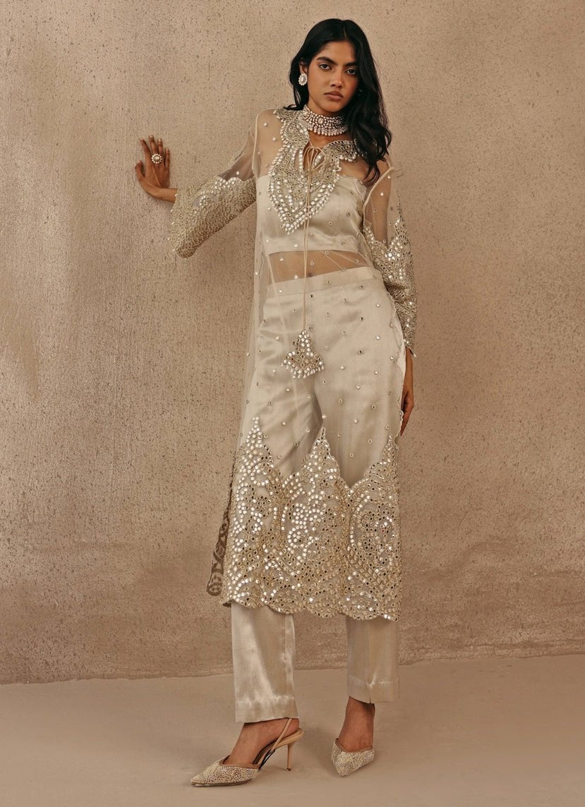 Silver And Nude Soft Net Kurta Pants Set Twenty Nine - Fabilicious Fashion