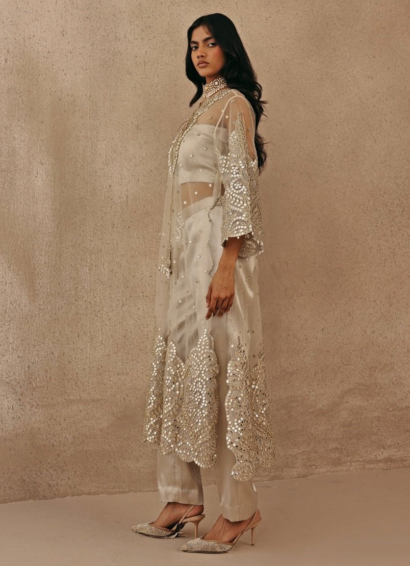 Silver And Nude Soft Net Kurta Pants Set Twenty Nine - Fabilicious Fashion