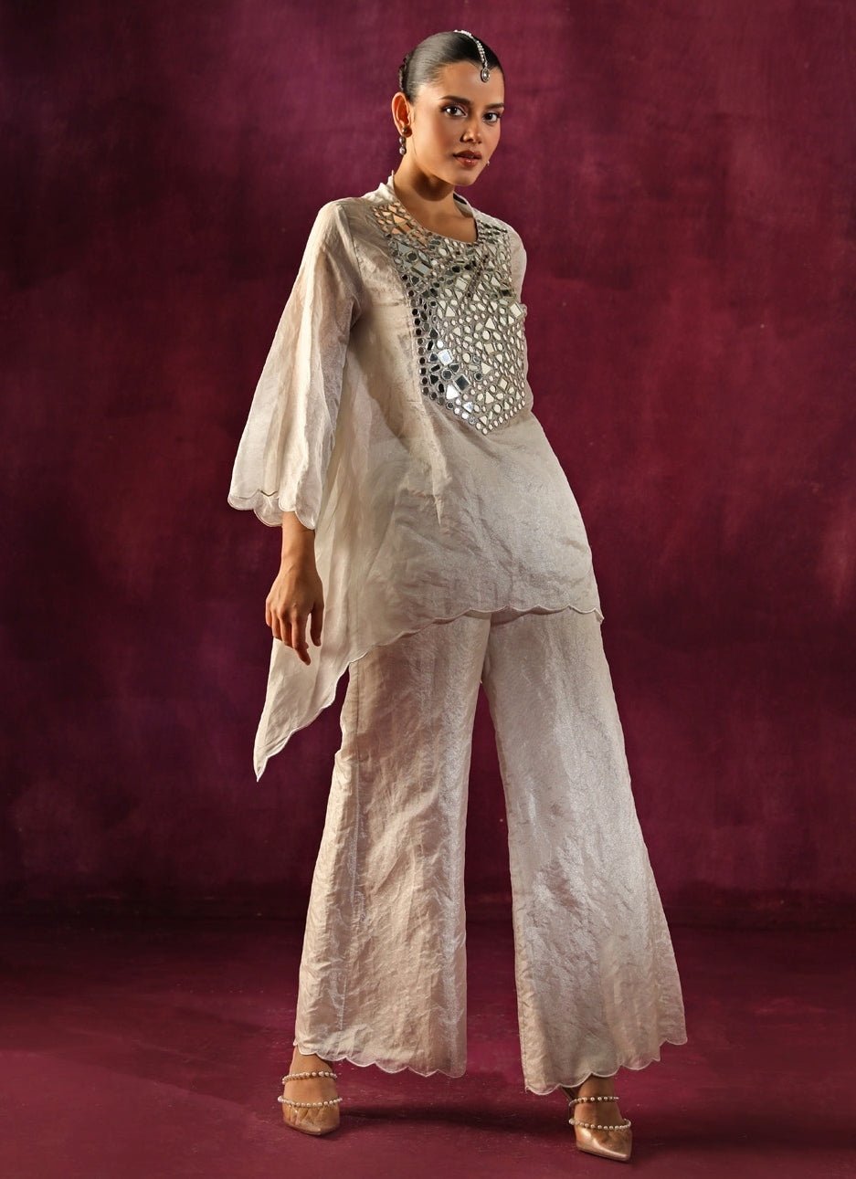 Twenty Nine Silver Banarasi Tissue Mirrorwork Asymmetric Kurta Palazzo SetFabilicious Fashion