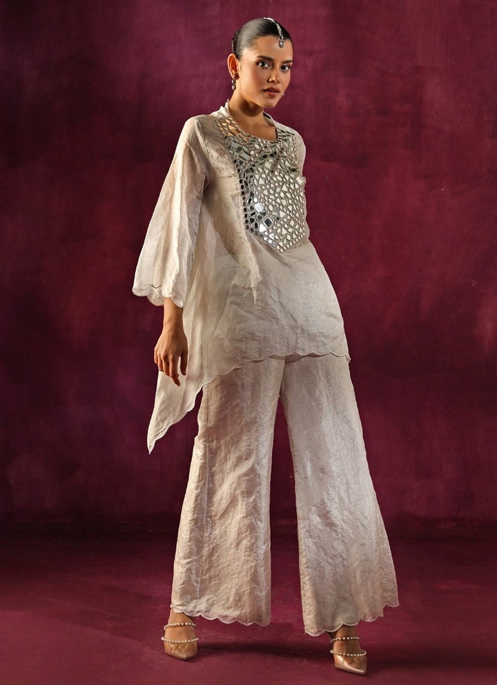 Twenty Nine Silver Banarasi Tissue Mirrorwork Asymmetric Kurta Palazzo SetFabilicious Fashion