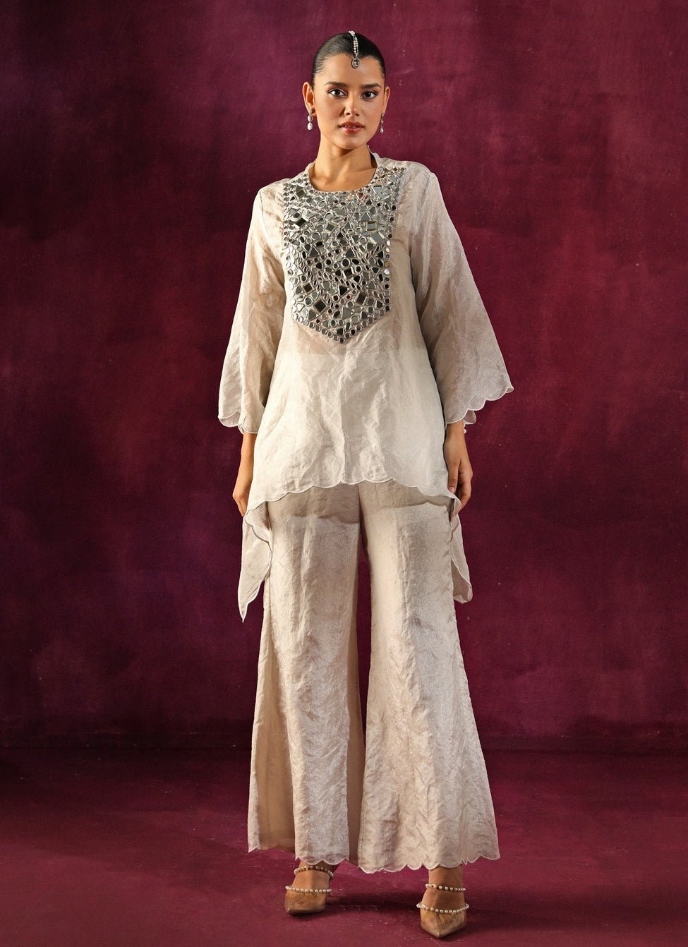 Twenty Nine Silver Banarasi Tissue Mirrorwork Asymmetric Kurta Palazzo SetFabilicious Fashion