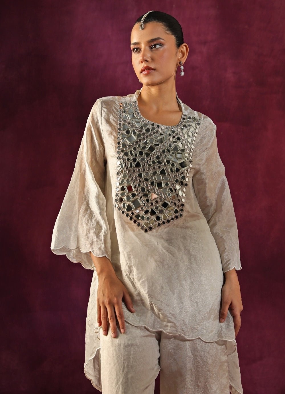 Twenty Nine Silver Banarasi Tissue Mirrorwork Asymmetric Kurta Palazzo SetFabilicious Fashion