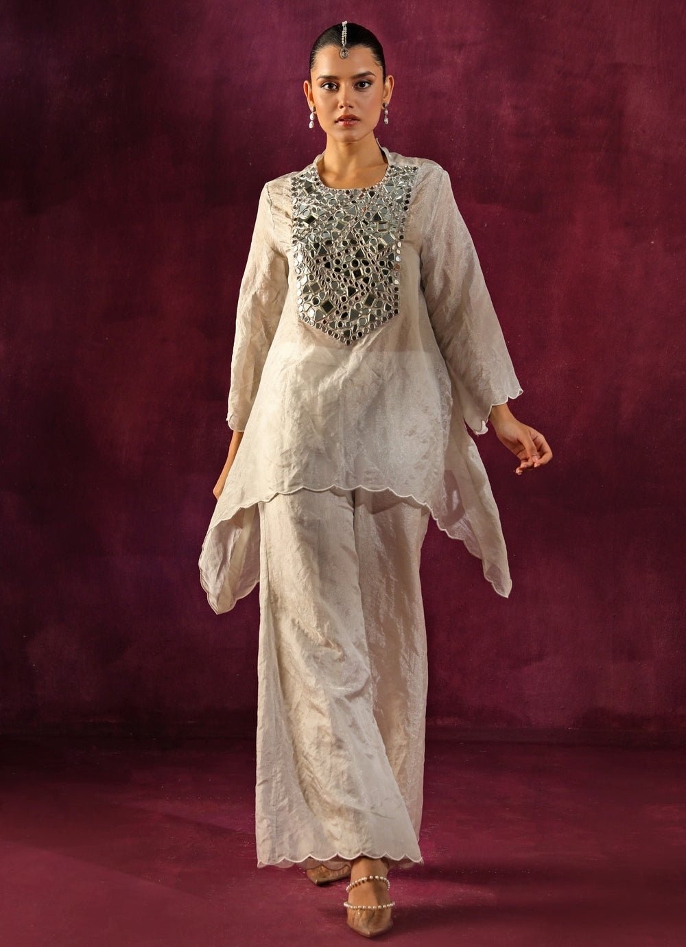 Twenty Nine Silver Banarasi Tissue Mirrorwork Asymmetric Kurta Palazzo SetFabilicious Fashion