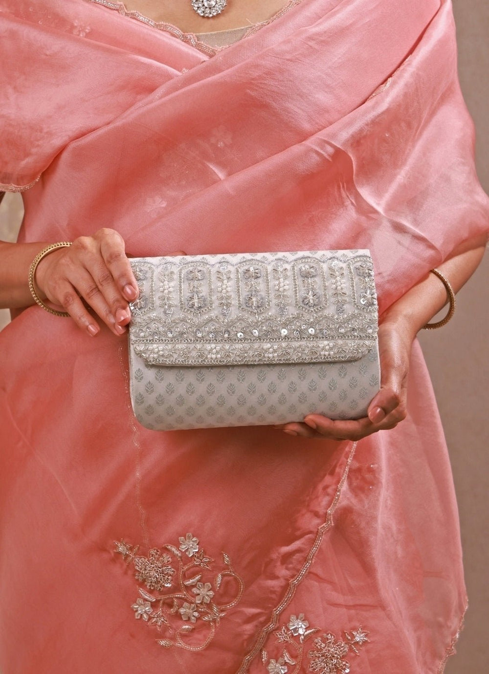 Amyra Silver Brocade Silk Flapover BagFabilicious Fashion