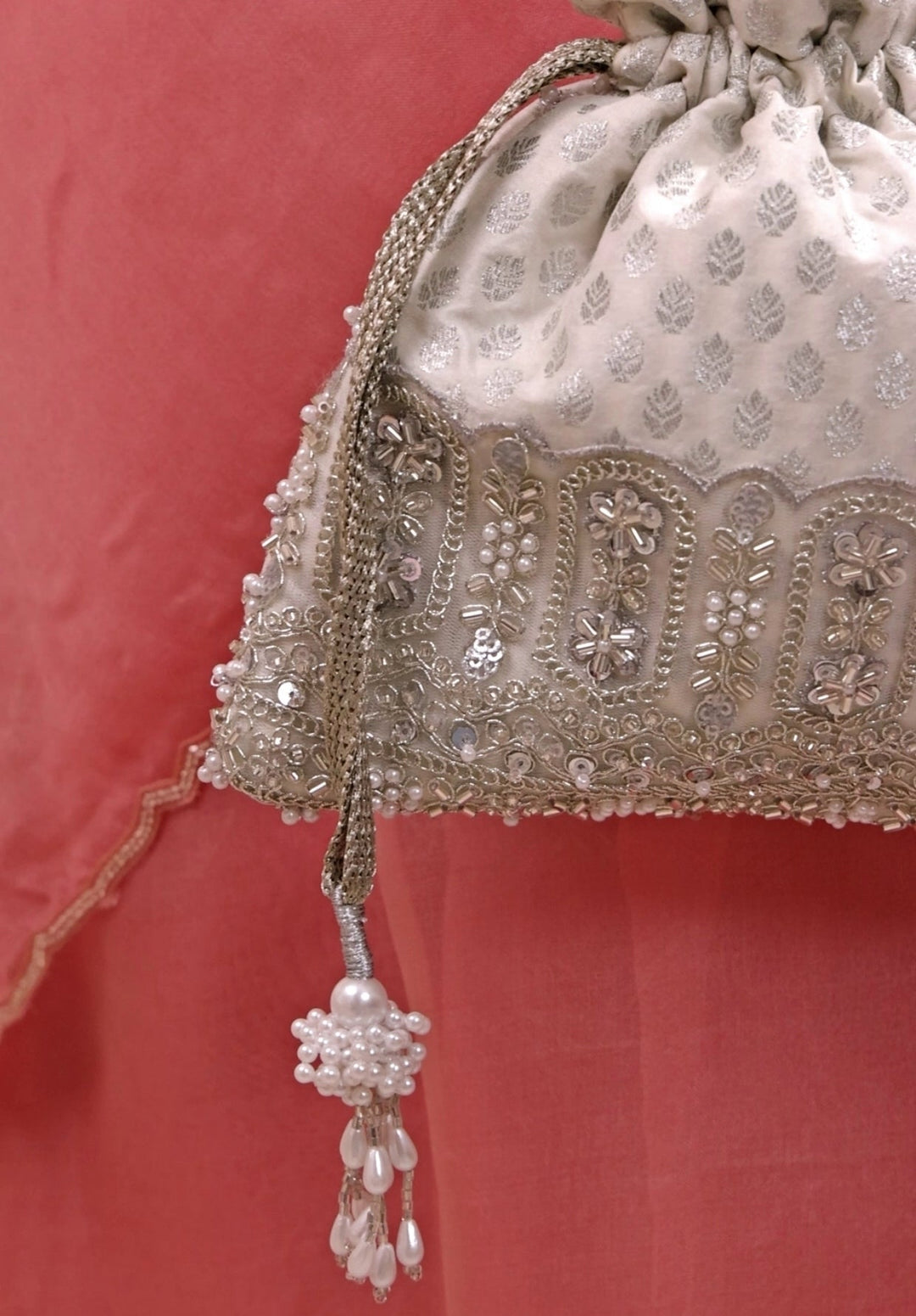 Amyra Silver Brocade Silk PotliFabilicious Fashion