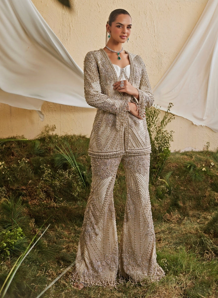 Mani Bhatia Silver Crepe Blouse Sharara Set With JacketFabilicious Fashion