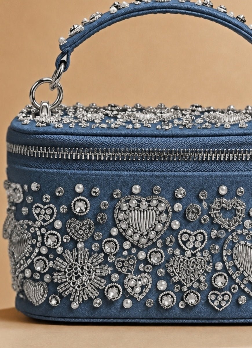 House of Kosha Silver Denim Embroidered Vanity BagFabilicious Fashion
