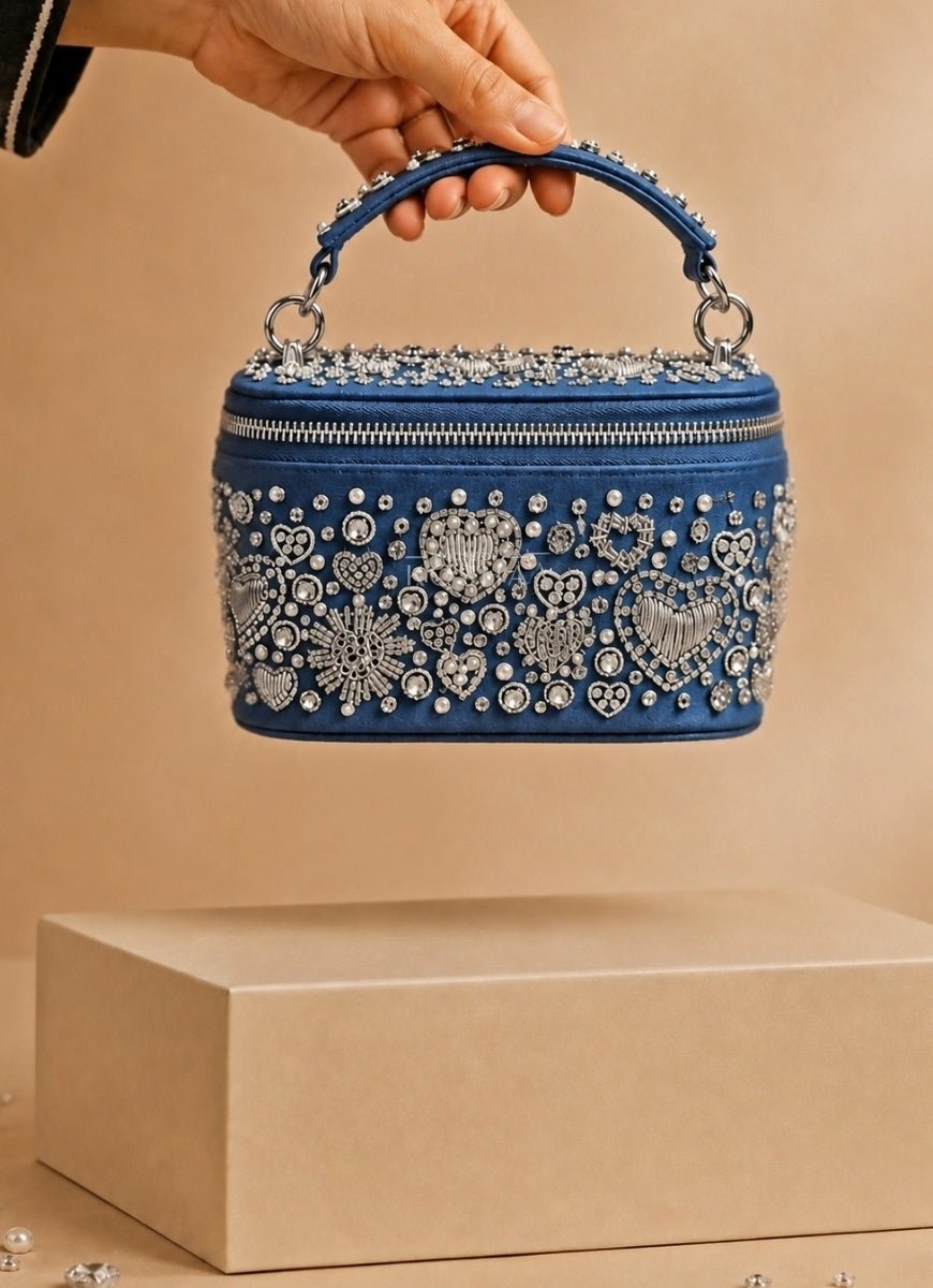 House of Kosha Silver Denim Embroidered Vanity BagFabilicious Fashion