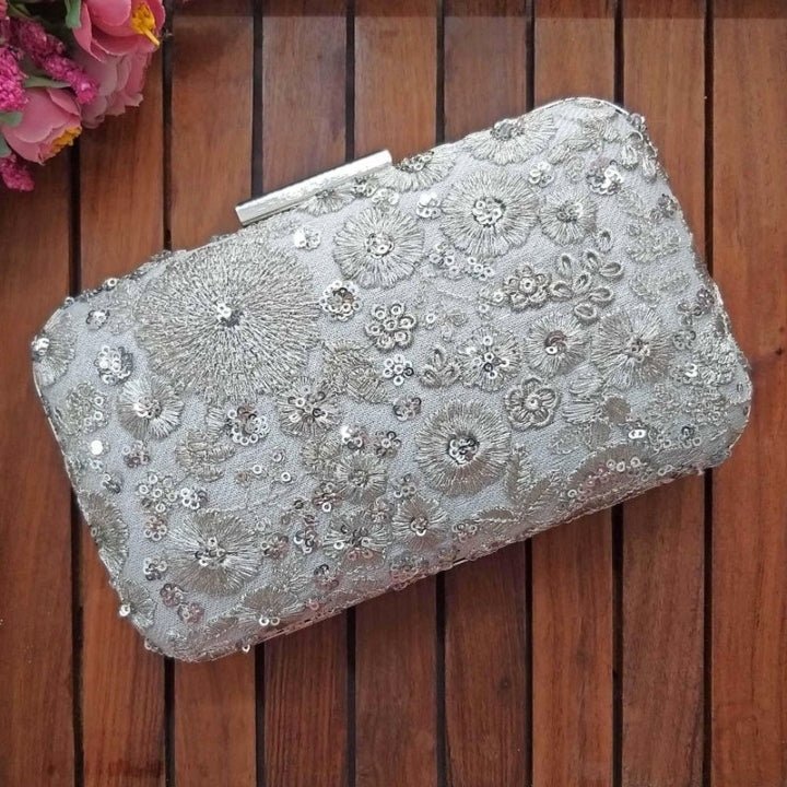 Silver Embroidered Clutch AMYRA - Fabilicious Fashion