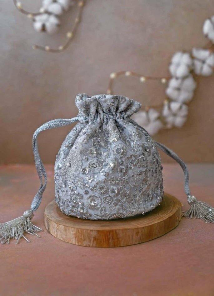 Silver Embroidered Potli AMYRA - Fabilicious Fashion