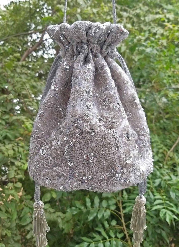 Silver Embroidered Potli AMYRA - Fabilicious Fashion