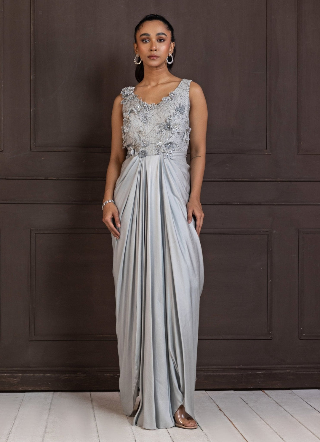 Silver Floral Embroidered Satin Gown Smriti - Fabilicious Fashion