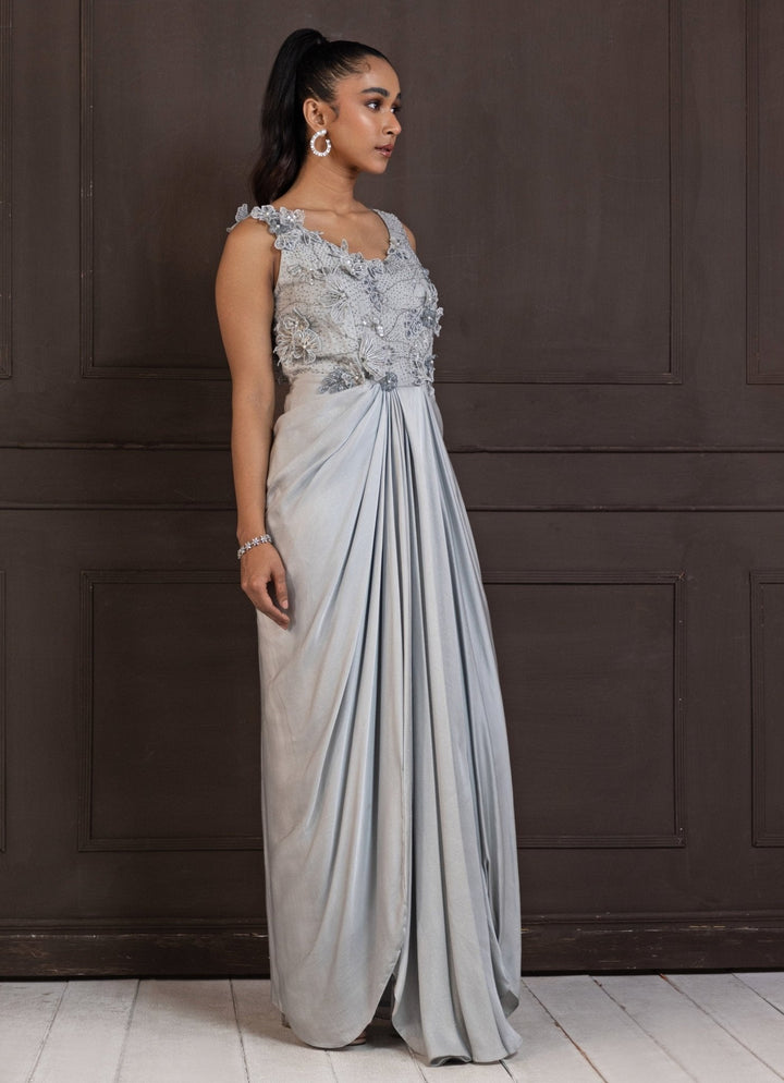 Silver Floral Embroidered Satin Gown Smriti - Fabilicious Fashion