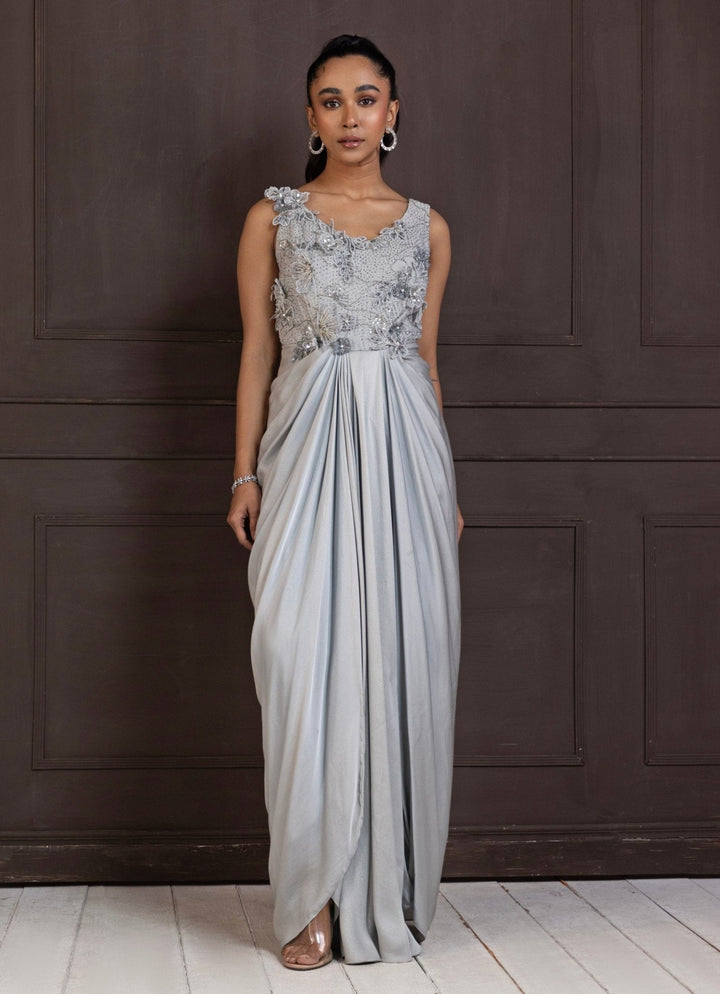 Silver Floral Embroidered Satin Gown Smriti - Fabilicious Fashion
