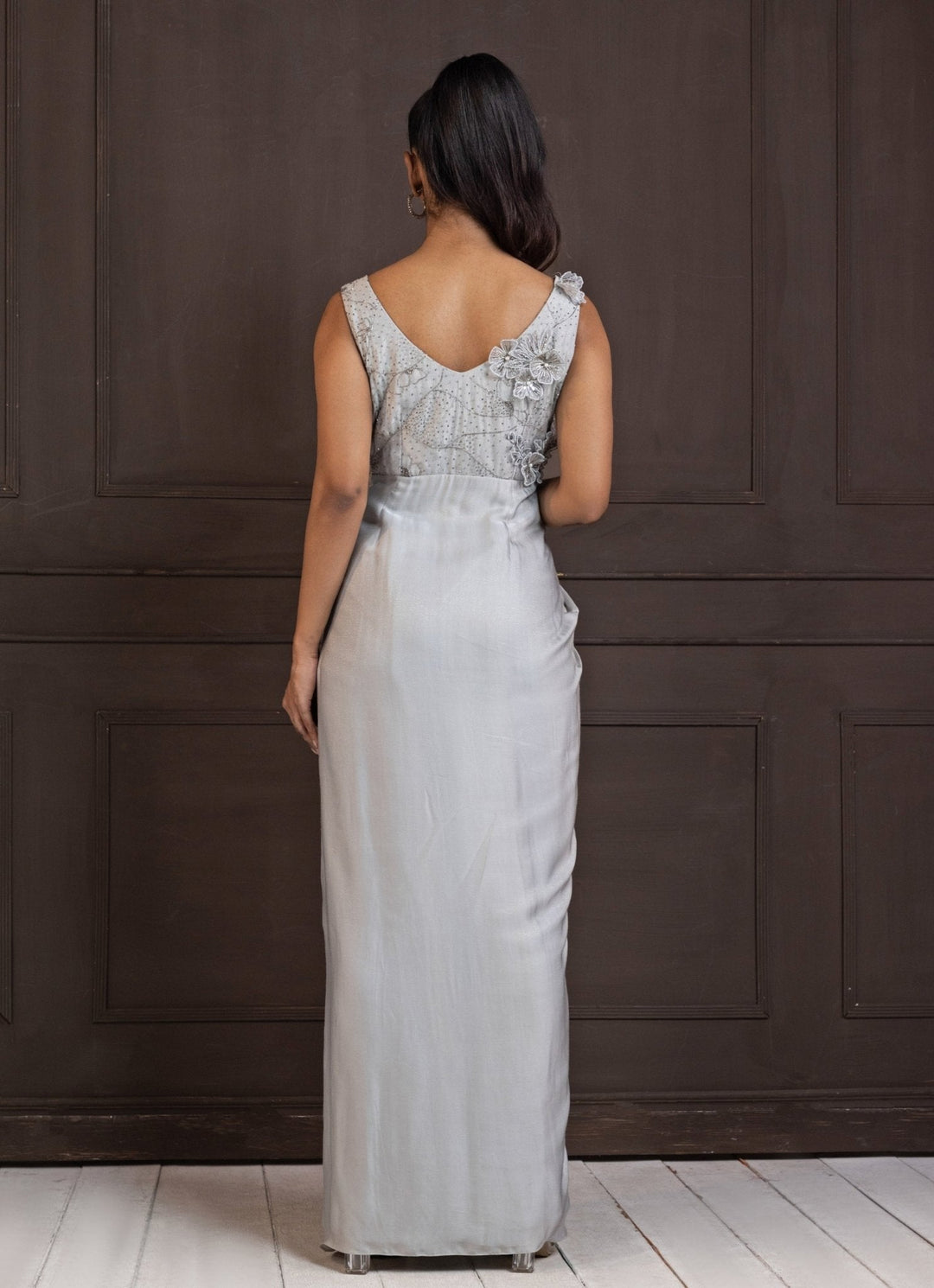 Silver Floral Embroidered Satin Gown Smriti - Fabilicious Fashion