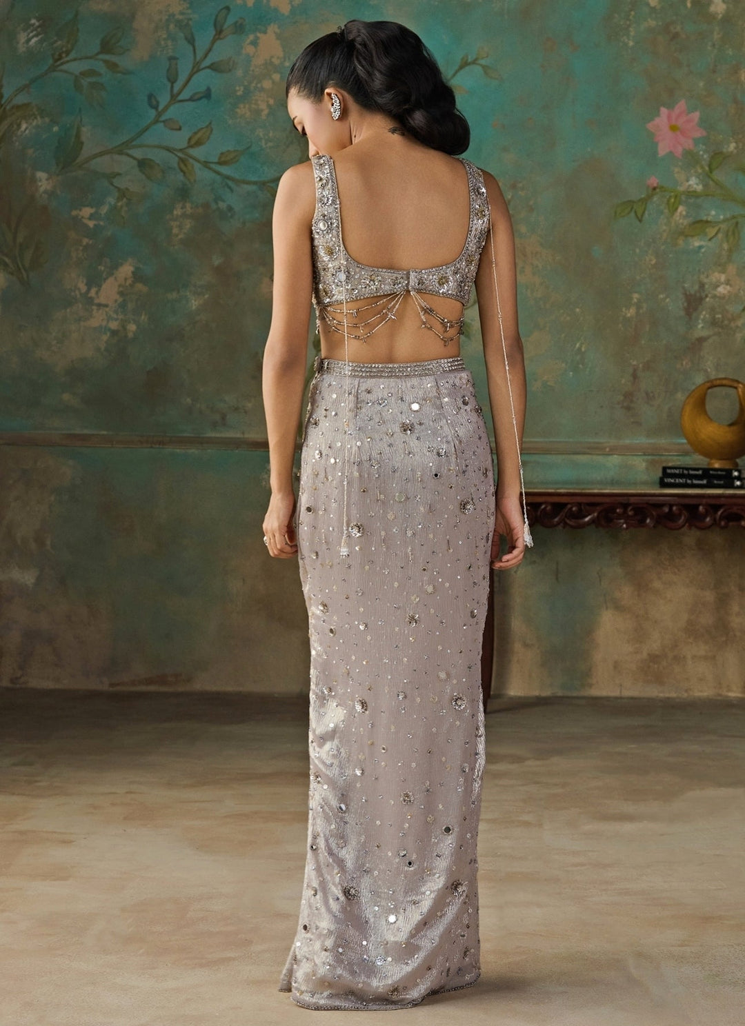 Zoon Tribe Silver Foil Georgette Slit Pencil Skirt SetFabilicious Fashion